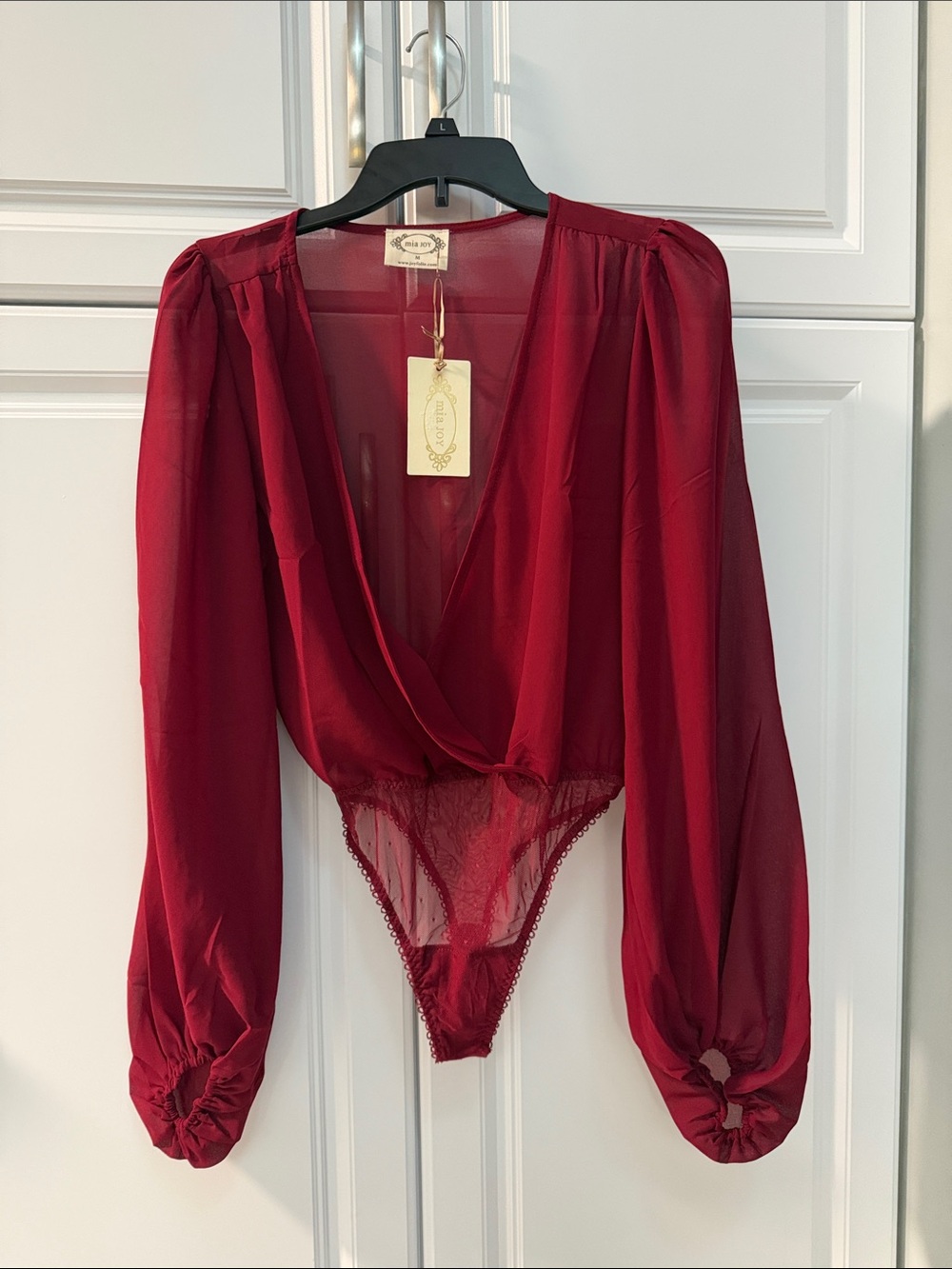 Joyfolie Deep Red Surplice Lace-Trim Bodysuit